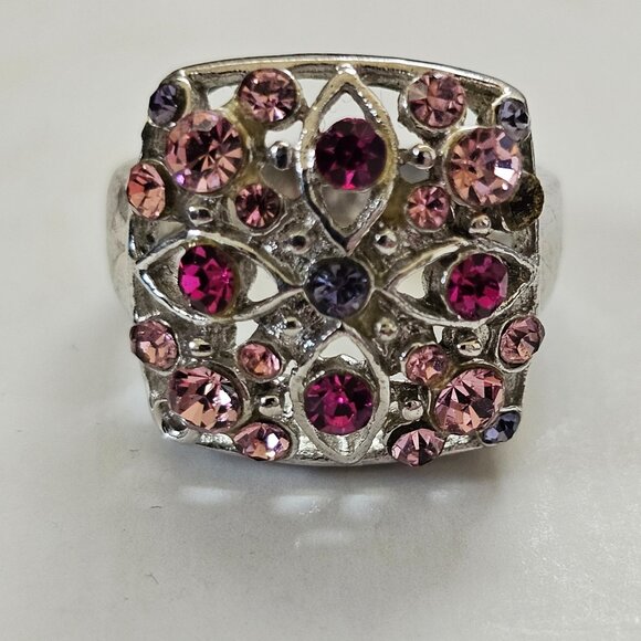 Vintage Silver-Tone Fashion Ring With Pink & Purple Rhinestones Square Cluster D - Picture 1 of 6